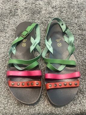 Green Multi-Strip Leather Sandals with Pink & Brown Accents